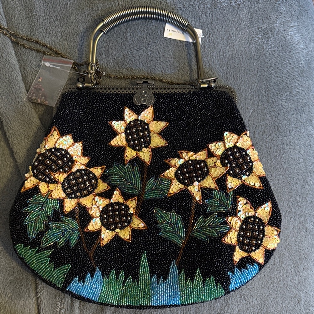 Unique Vintage Black Beaded Clutch with Sunflower Design